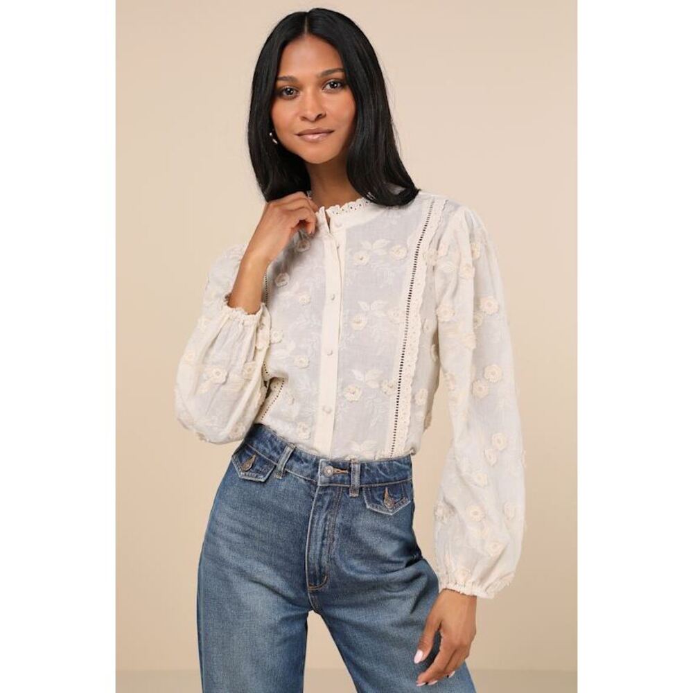 Lulus Admired Effect Cream Embroidered Button-up Top White - Size M